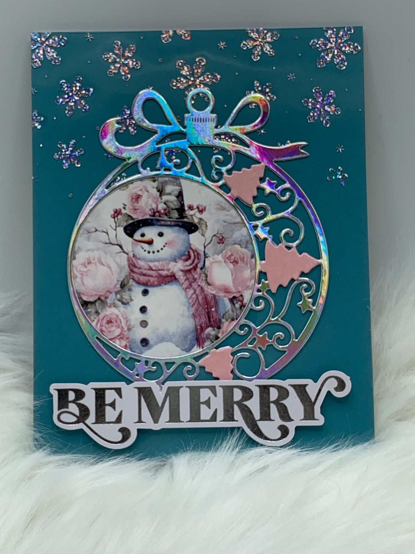 Iridescent Ornament & Snowman Christmas Card